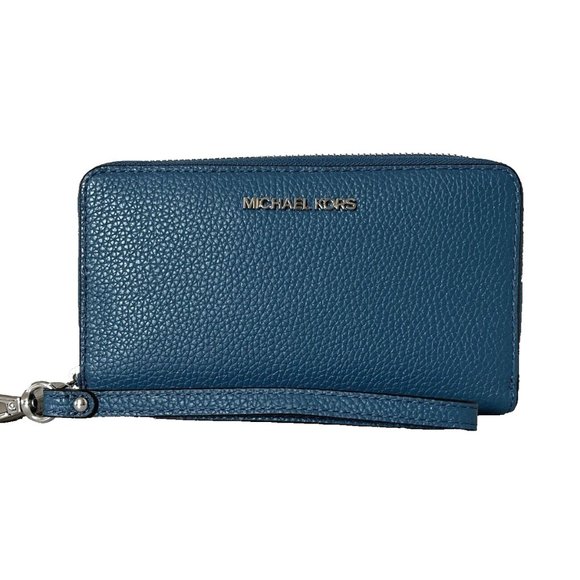 New Michael Kors Jet Set Travel Large Flat Phone Case Leather Teal - Picture 1 of 4